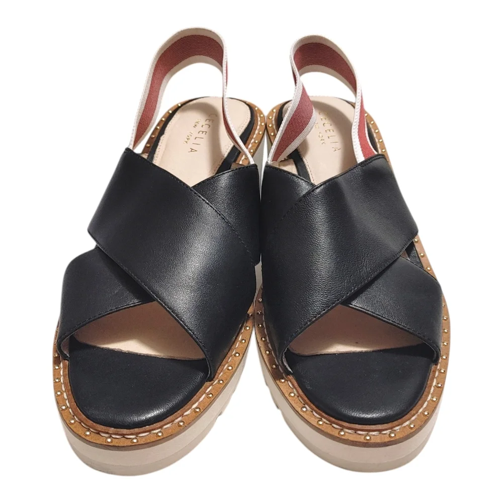 Cecilia New York Black Leather Strappy Stretch Wedge Heels Women's Size 9.5